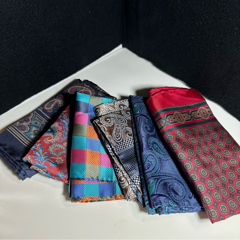 100% SILK + handmade Pocket Squares…Set of 6…brand NEW, never used, handstitched